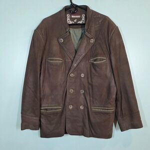 Lamberiazzi Stille Italiano Brown Leather Jacket Double Breasted Car Coat Men XL